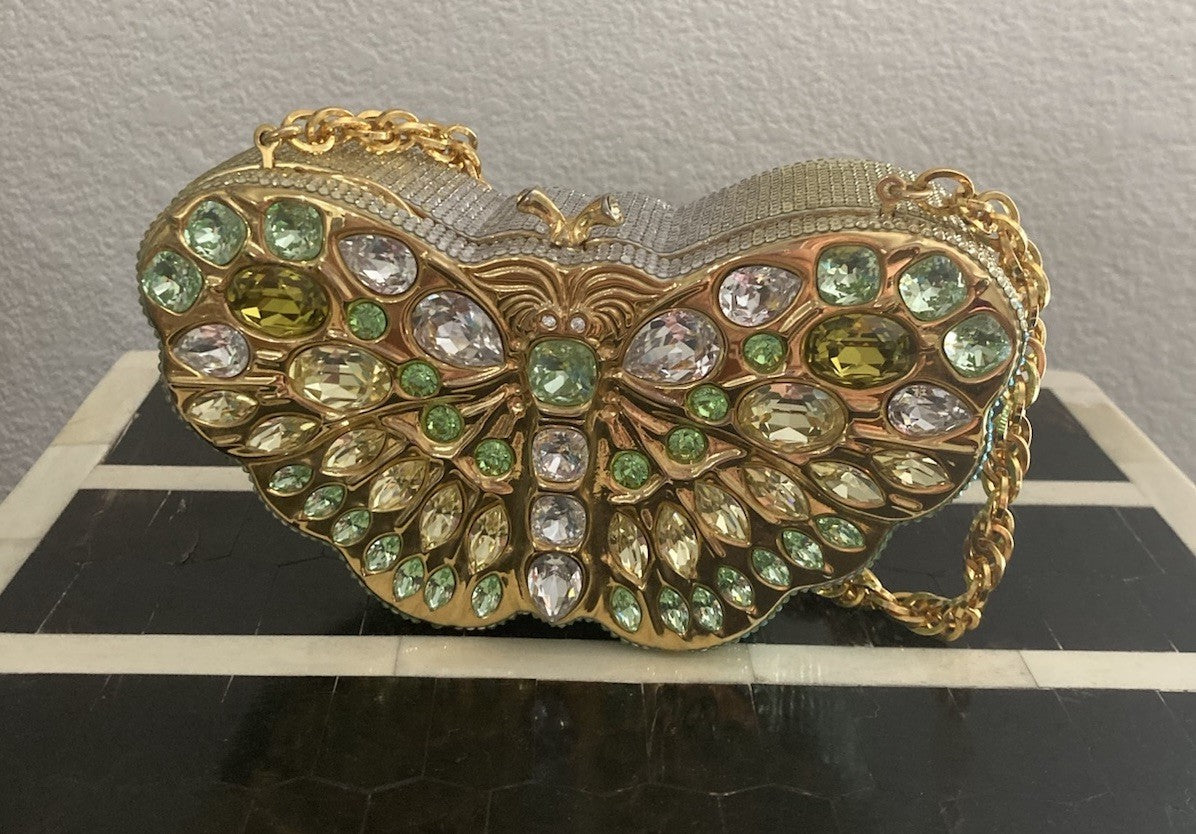 JUDITH LEIBER SWAROVSKI CRYSTAL CELESTRINA GOLD BUTTERFLY BAG MINAUDIERE CLUTCH