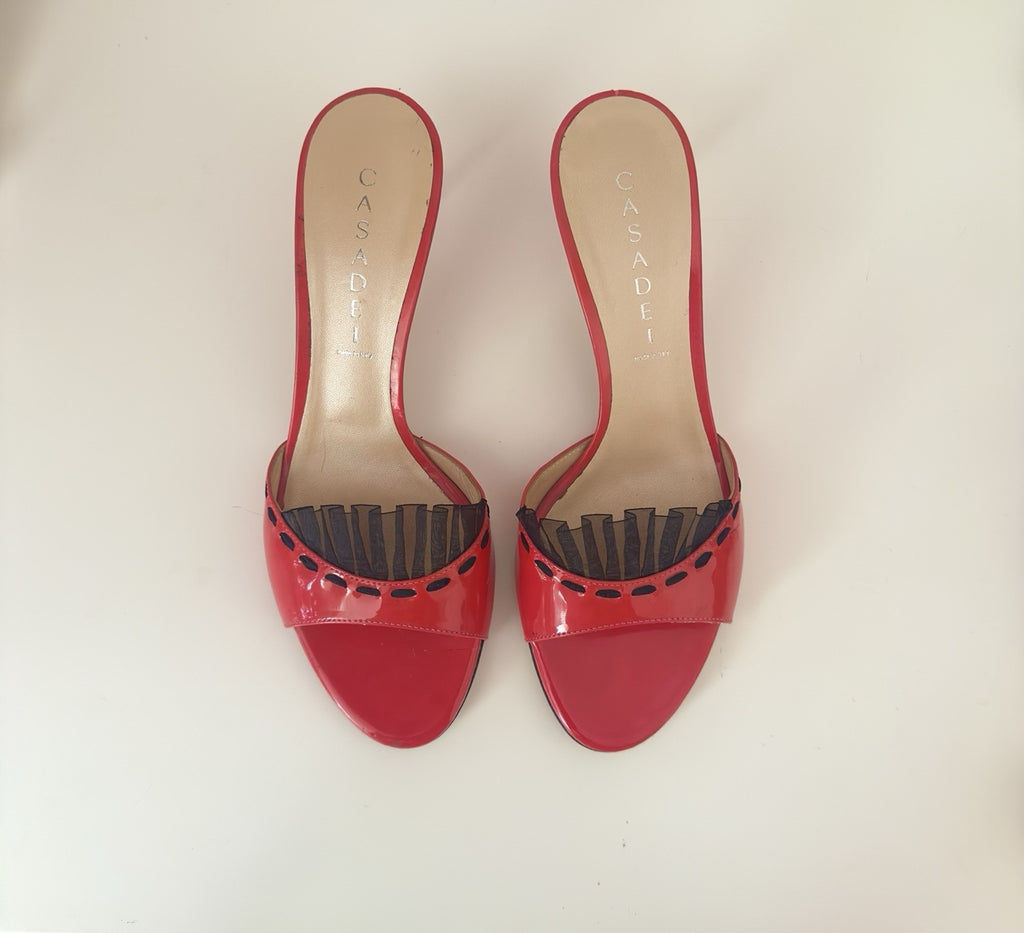 Vintage Casadei Red Patent Leather Kitten Heels Mules Size US 8 - EUR 38
