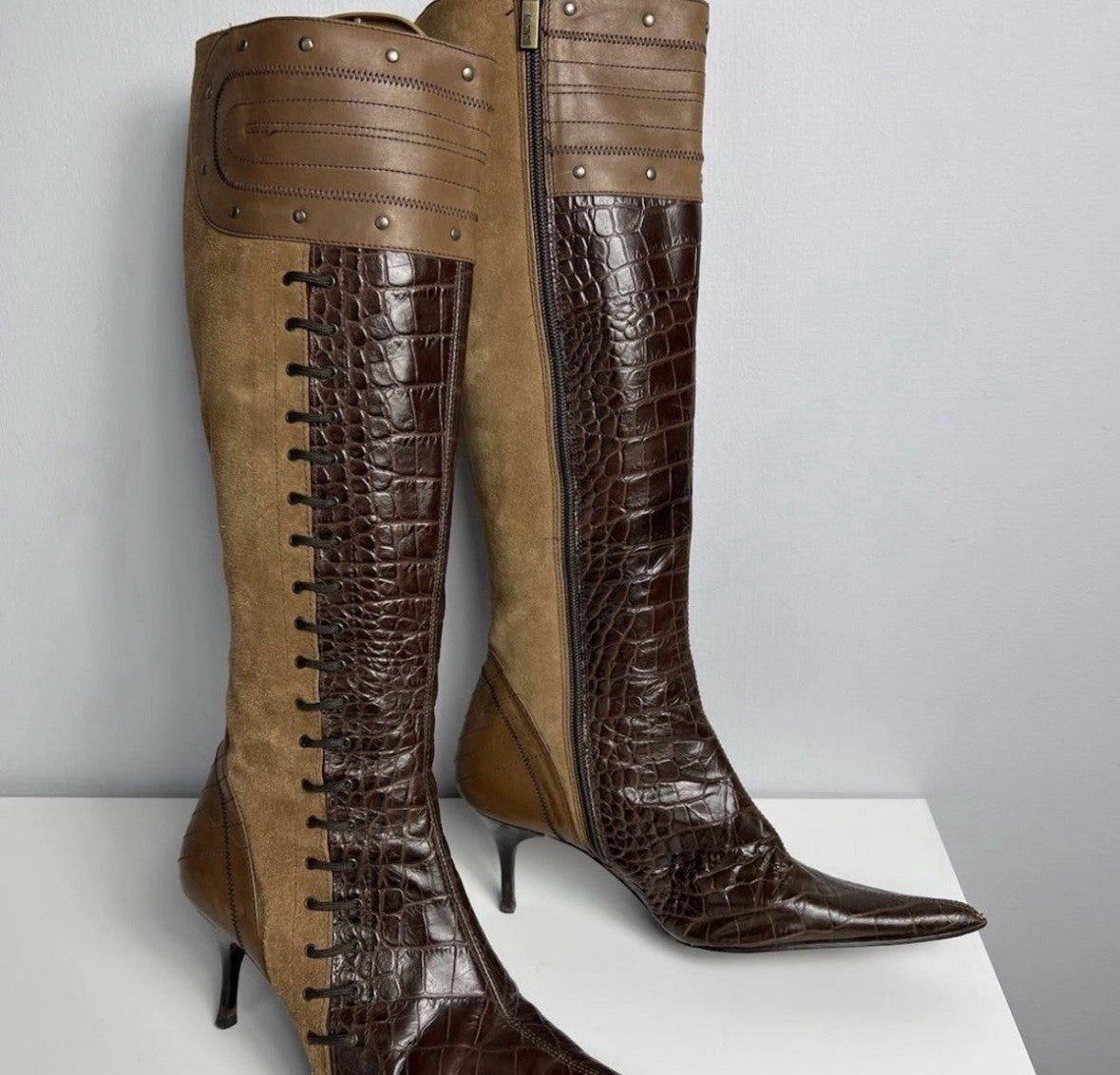 Vintage Avant Garde Just Cavalli Leather Knee High Boots Brown Croc Pointed Toe