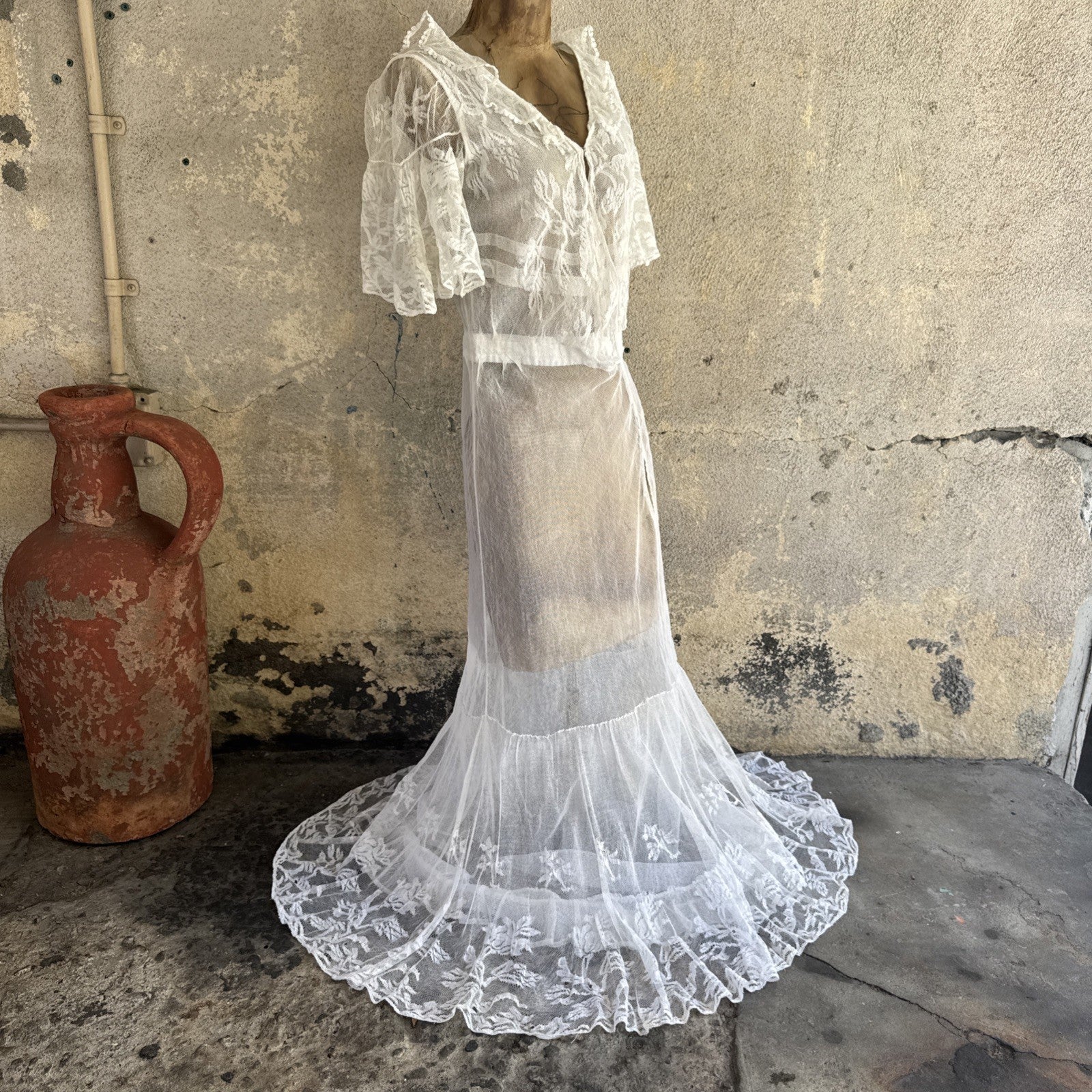 Antique Edwardian White Net Lace Dress Floral Lace Maxi Ruffle Bridal Vintage