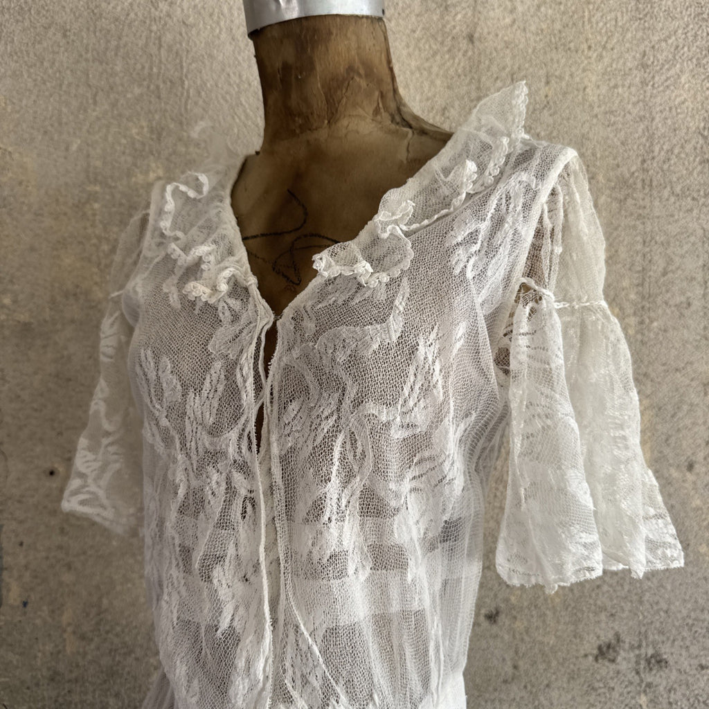 Antique Edwardian White Net Lace Dress Floral Lace Maxi Ruffle Bridal Vintage