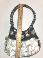 Vintage Black Satin Handbag With mother-of-pearl Shell Fringe & Beads Small 6X7"