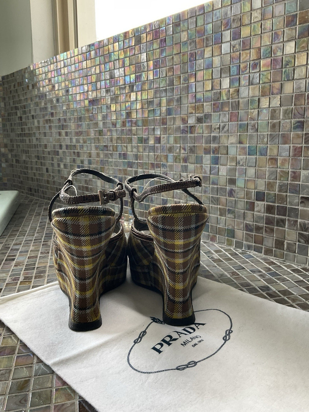Authentic Prada Plaid  Wedge Platform 100 Vinchy Col Size 37 Brown Leather