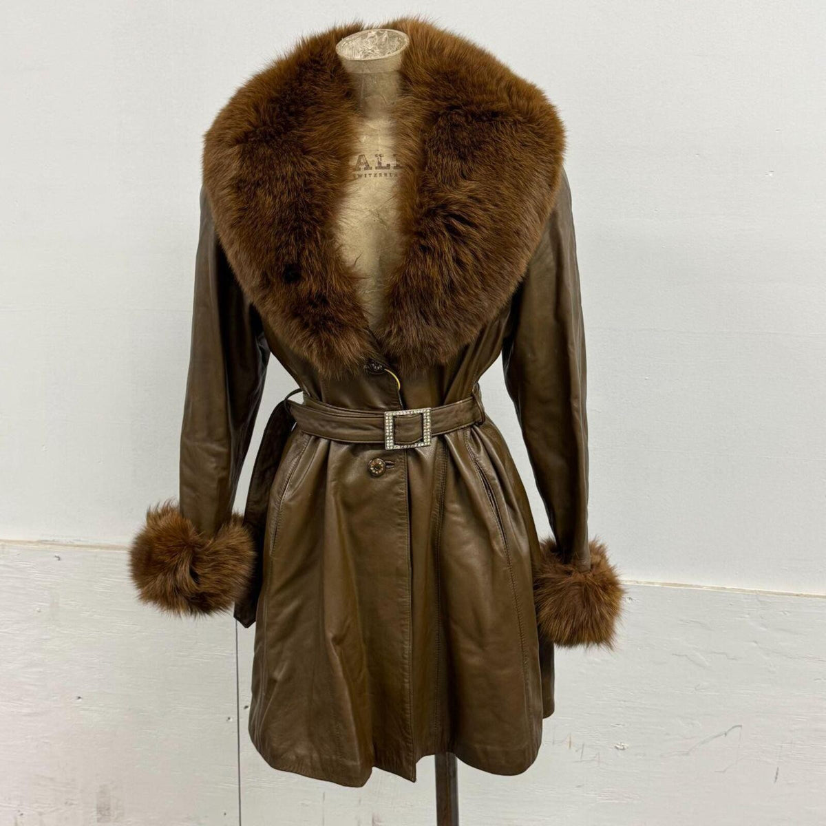 Vintage Y2K Brown Leather and Fox Fur Trench Coat