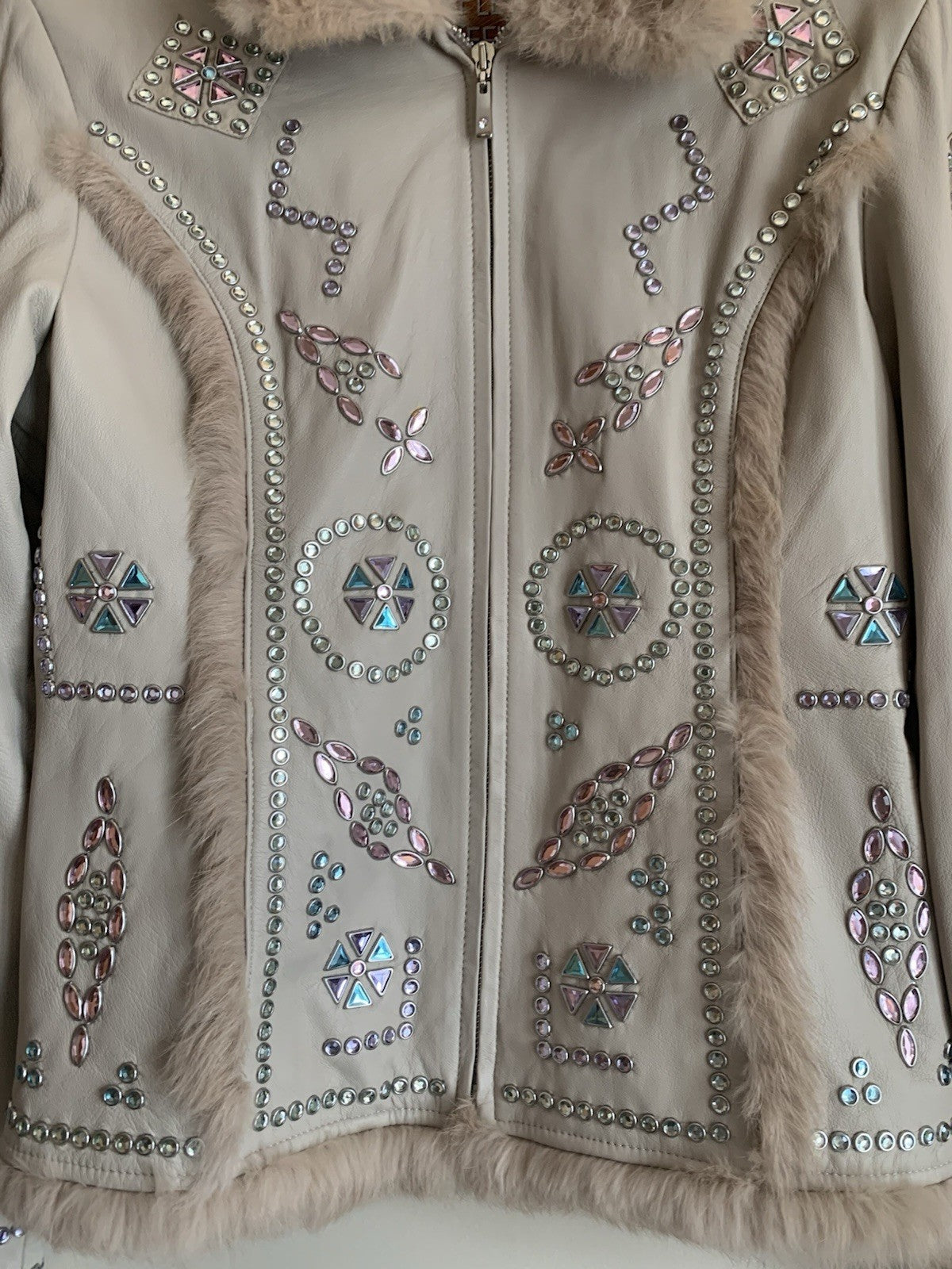 Cripple Creek Bedazzled Leather Jacket Beige Large