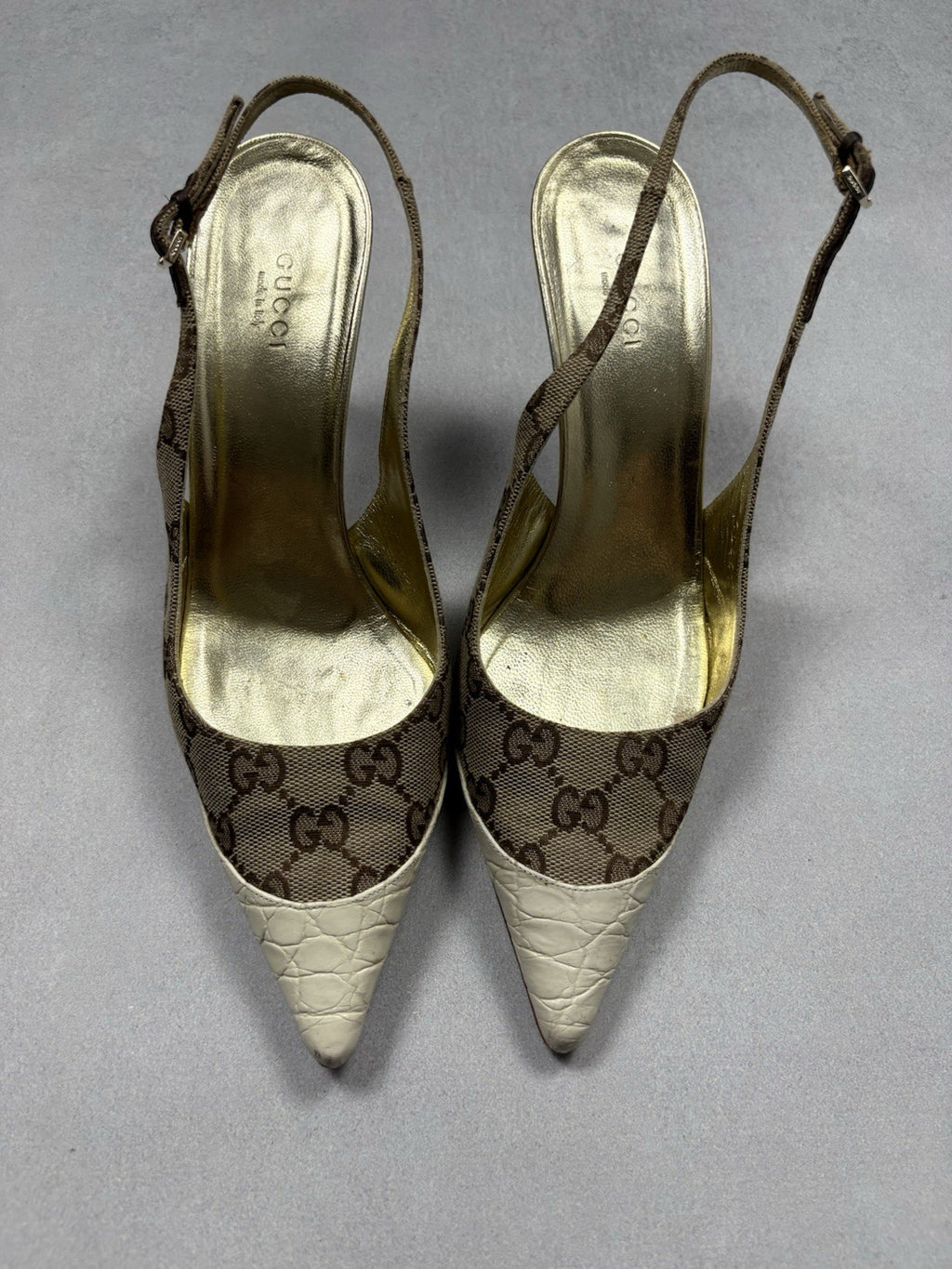 Gucci Vintage GG Monogram Canvas Slingback Pumps Leather Cap Toe EU 37