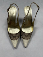 Gucci Vintage GG Monogram Canvas Slingback Pumps Leather Cap Toe EU 37