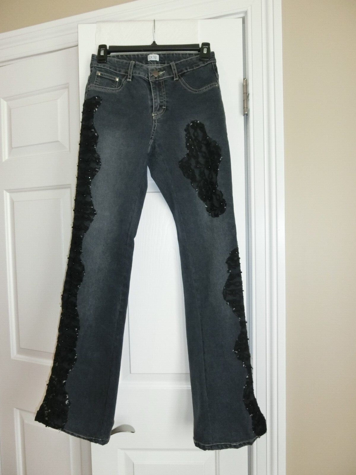 Cache Bootcut Jeans Black Lace Beaded Asymmetric Design Size 0