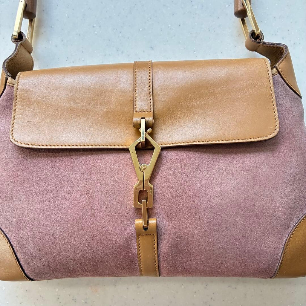 Gucci Jackie Bamboo Shoulder Bag Pink Suede Leather