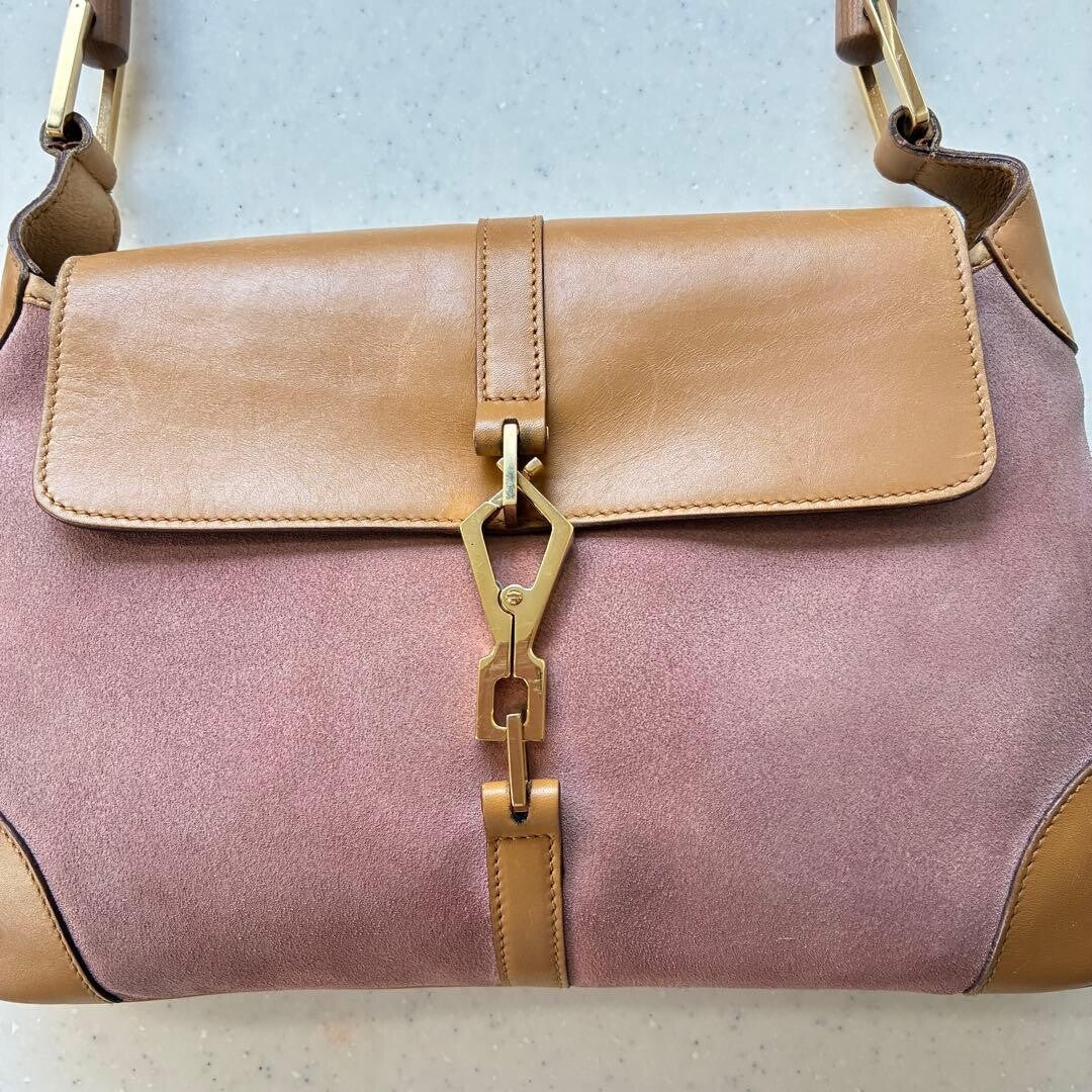 Gucci Jackie Bamboo Shoulder Bag Pink Suede Leather