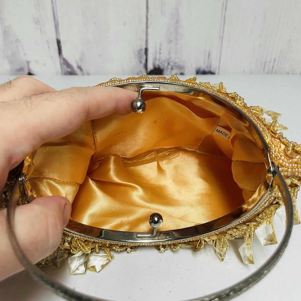 Vintage 70s Beaded Clutch Handbag Purse Gold Beaded Sequin Kiss Lock Frame