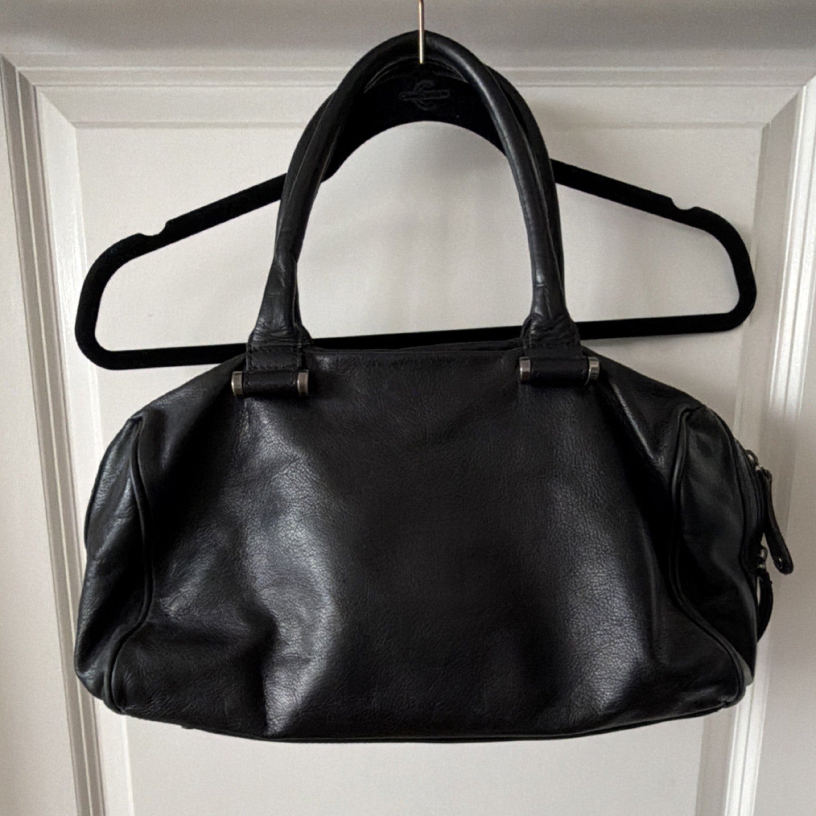 Black Satchel Top Handle Bag with Silver Hardware and Bottom Studs