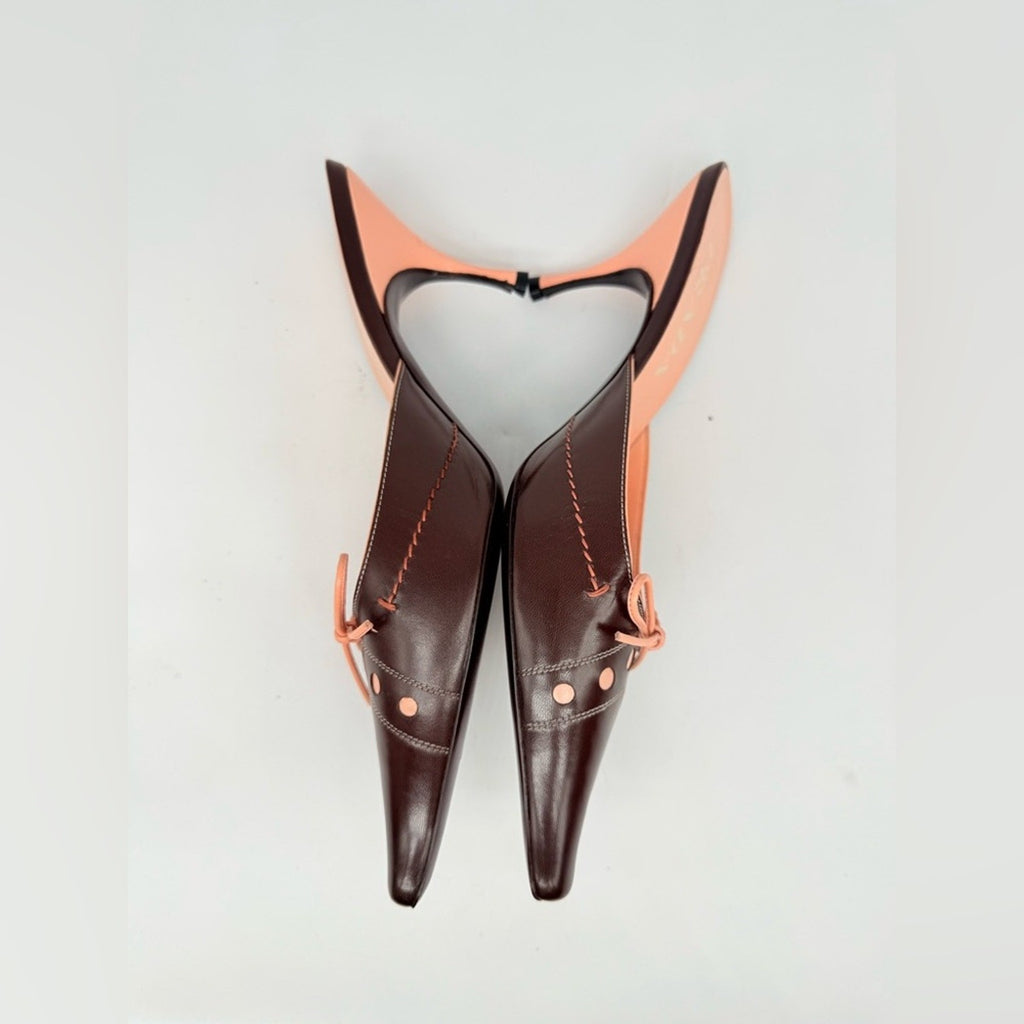 Prada Vintage Dark Brown Pink Bow embellished elongated mules heels EU 39 US 9