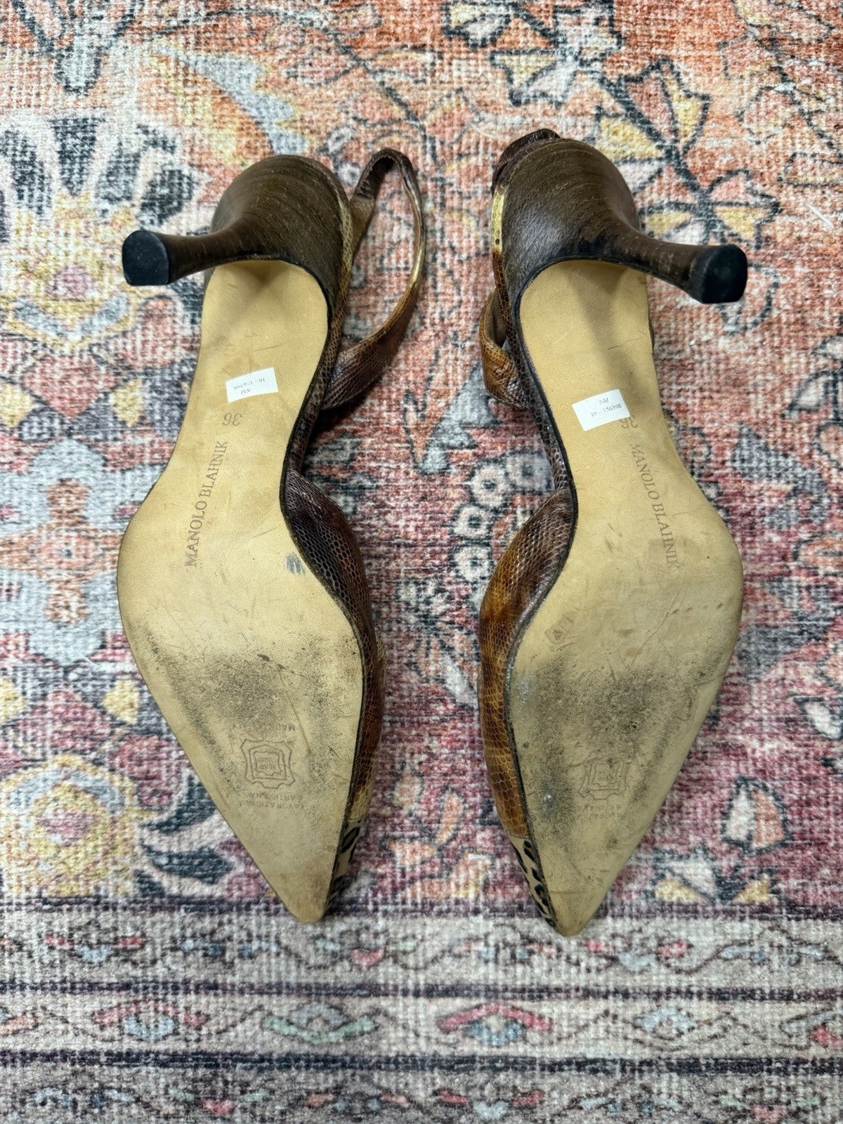 Manolo Blahnik Snakeskin Leopard Print Pointed Toe Slingback Heels US 6