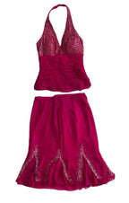 C.M. Vintage Y2K Fuchsia Pink Sequin Halter Top and Midi Beaded Silk Skirt Set