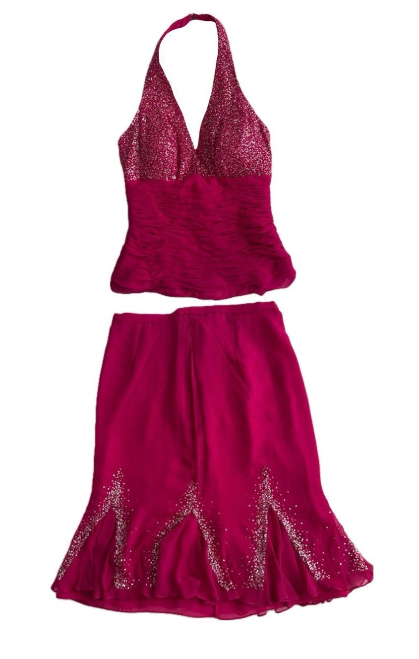 C.M. Vintage Y2K Fuchsia Pink Sequin Halter Top and Midi Beaded Silk Skirt Set