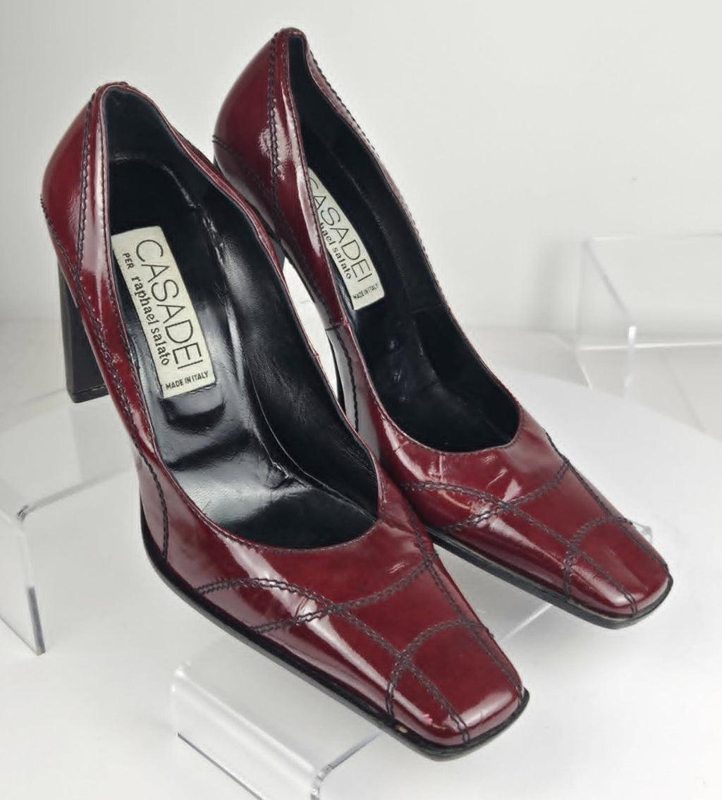 Vintage Casadei Red Patent Leather Block Heel Square Toe Pumps - Size 9