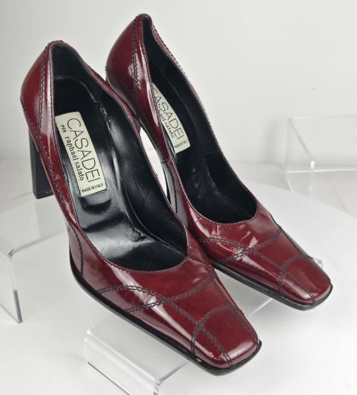 Vintage Casadei Red Patent Leather Block Heel Square Toe Pumps - Size 9