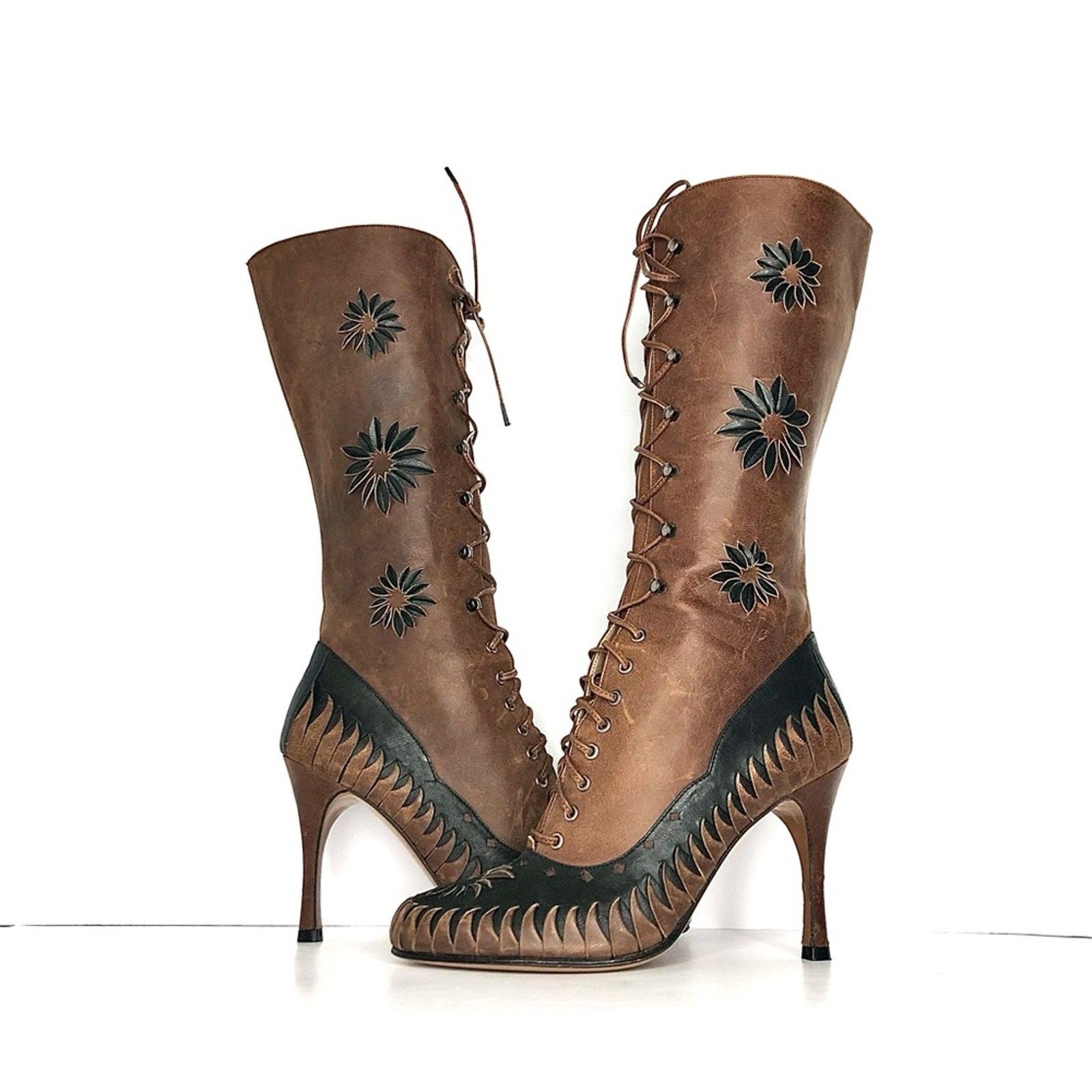 Dior Fall 2000 Galliano Vintage Floral Cutout Laceup Western Heeled Boots 37