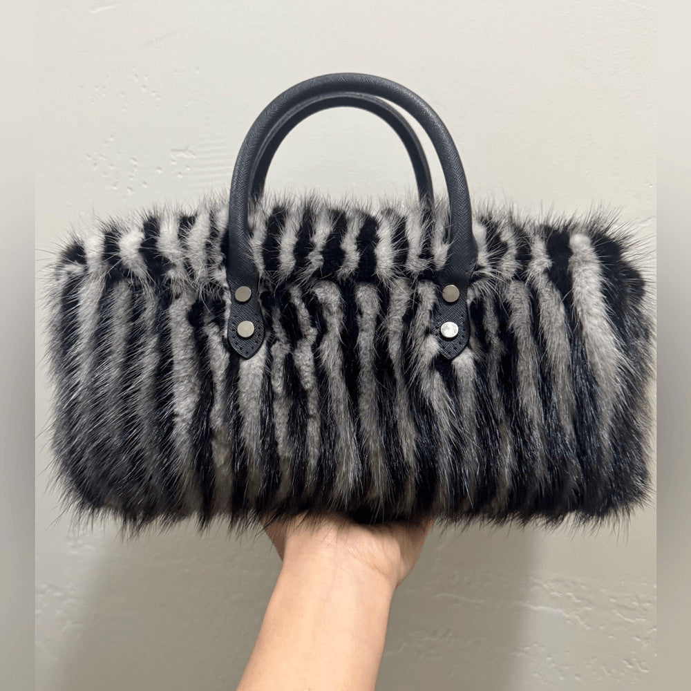 Genuine Mink Fur Pillow Bag with Top Handles and Crossbody Strap