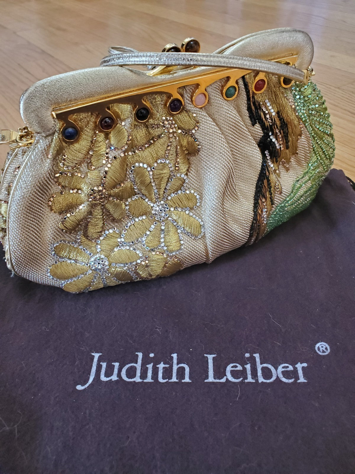 Judith Leiber Gold Floral Embroidered Crystal Beaded Clutch w/ Dust Bag & Comb