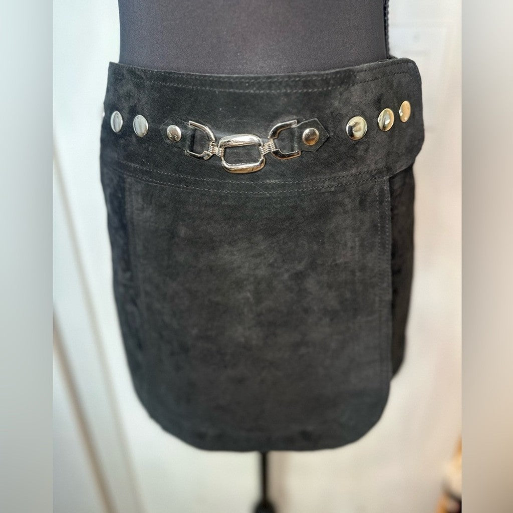 Vintage 00s Bebe black suede mini skirt with buckles & studs Y2K style