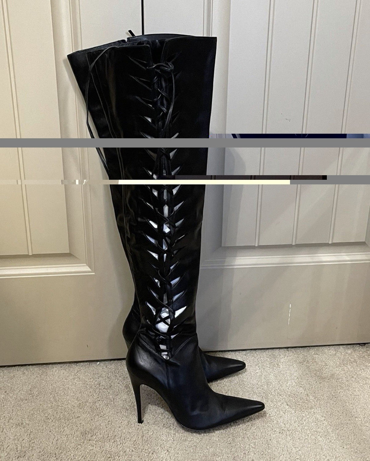 Manolo Blahnik Black Leather Knee High Lace-Up Pointed Toe Boots EU 39