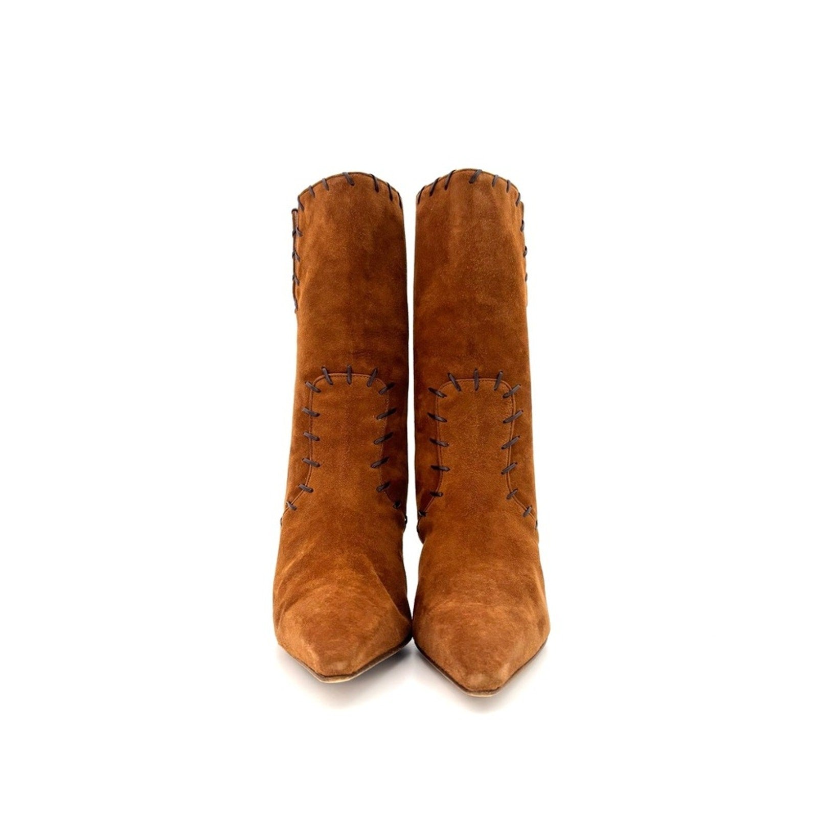 Manolo Blahnik Brown Suede Whipstitch Pointed Toe Mid Calf Heeled Boots 37.5