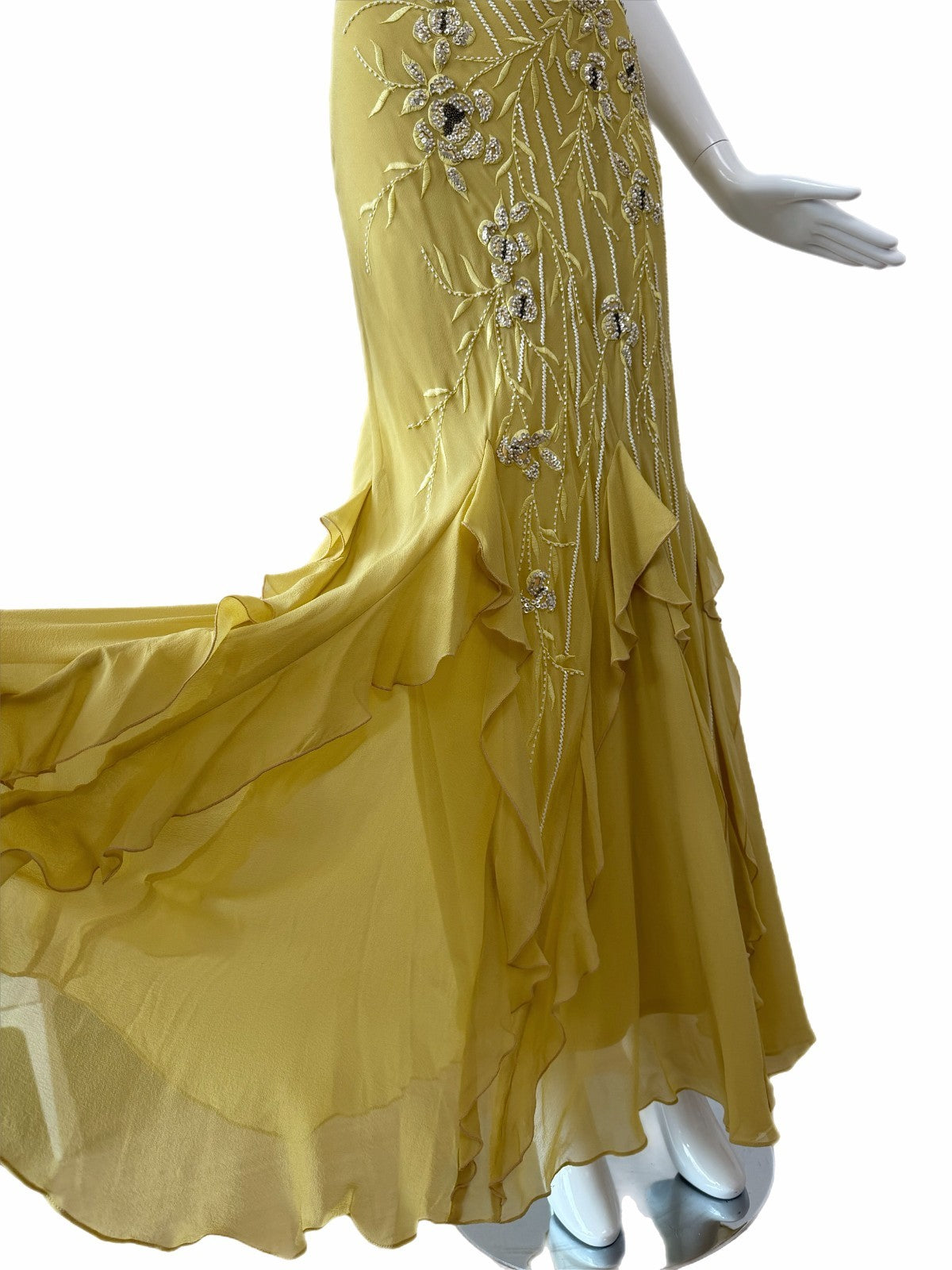 Sue Wong 2005 Chartreuse Silk Floral Beaded Ruffle Gown