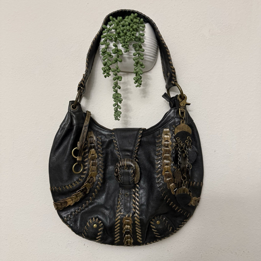 Isabella Fiore Woodland Whipstitch Leather Hobo Bag Black Brown