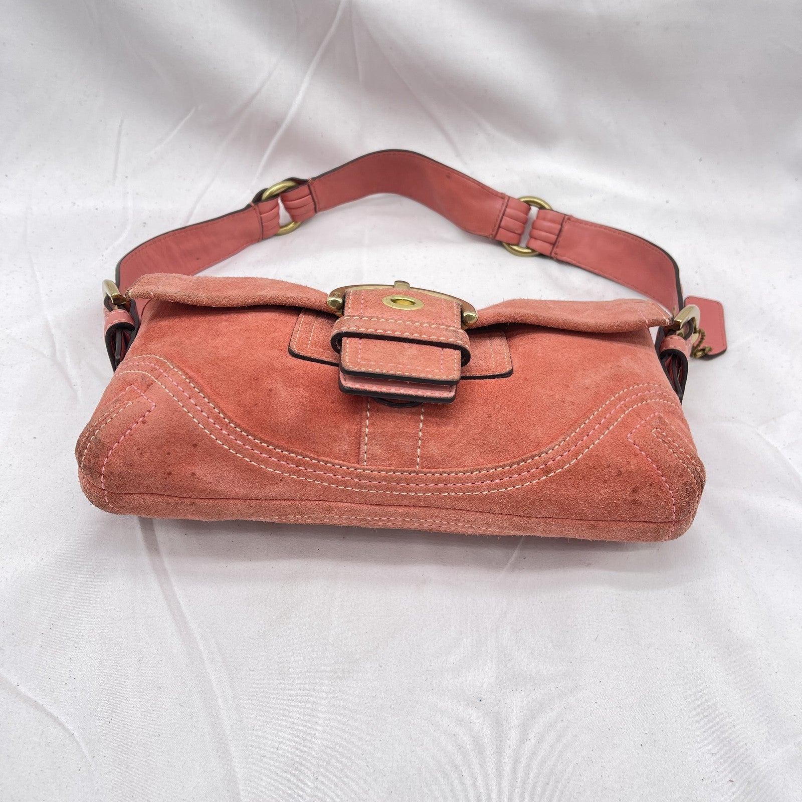 Vintage Coach Y2K Demi Soho Flap Shoulder Bag Suede 8A18 Salmon Pink Pre-Owned