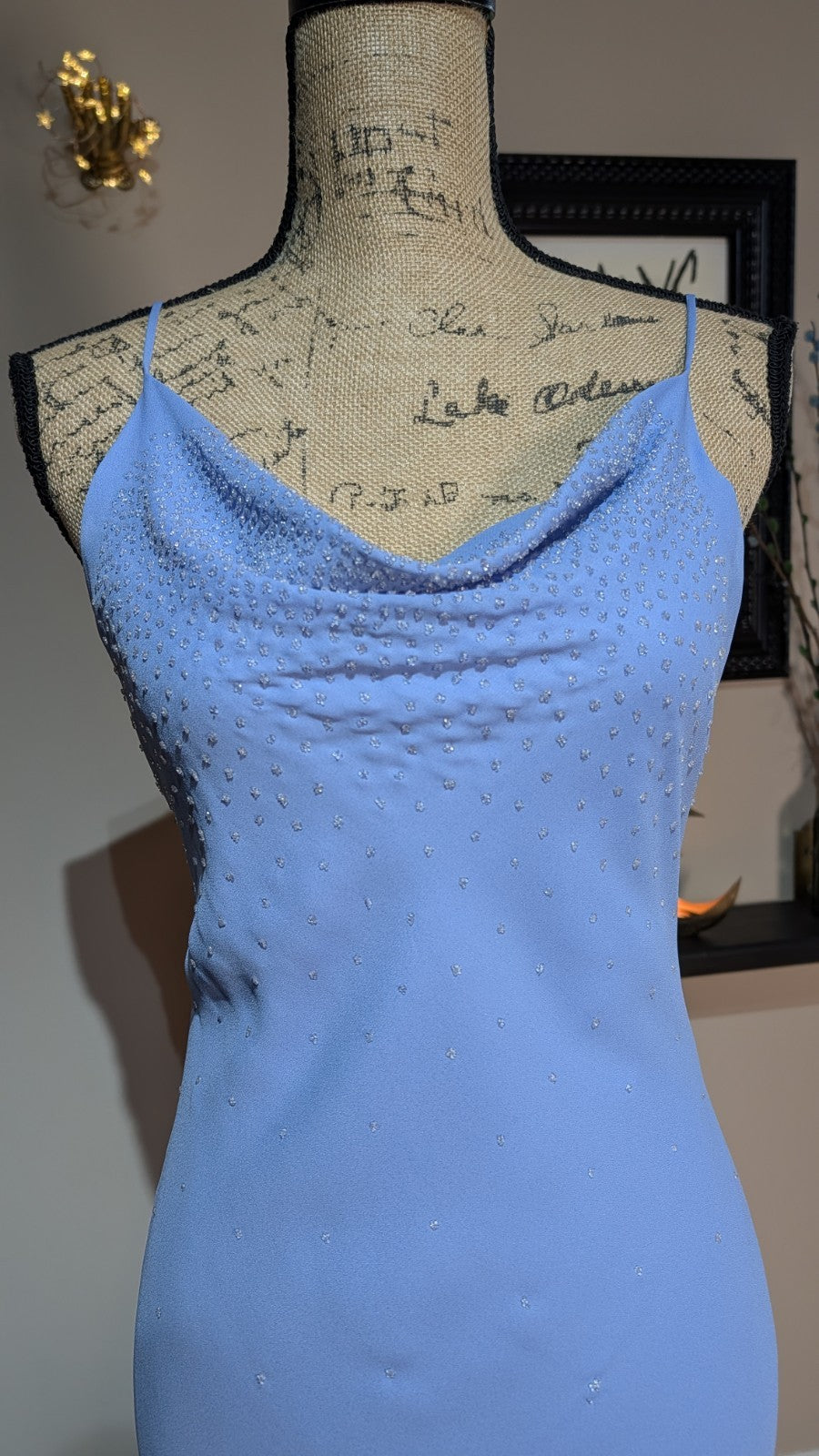 90s Y2K Light Cornflower Blue Glass Beaded Bias Cut Slip Dress Size Medium