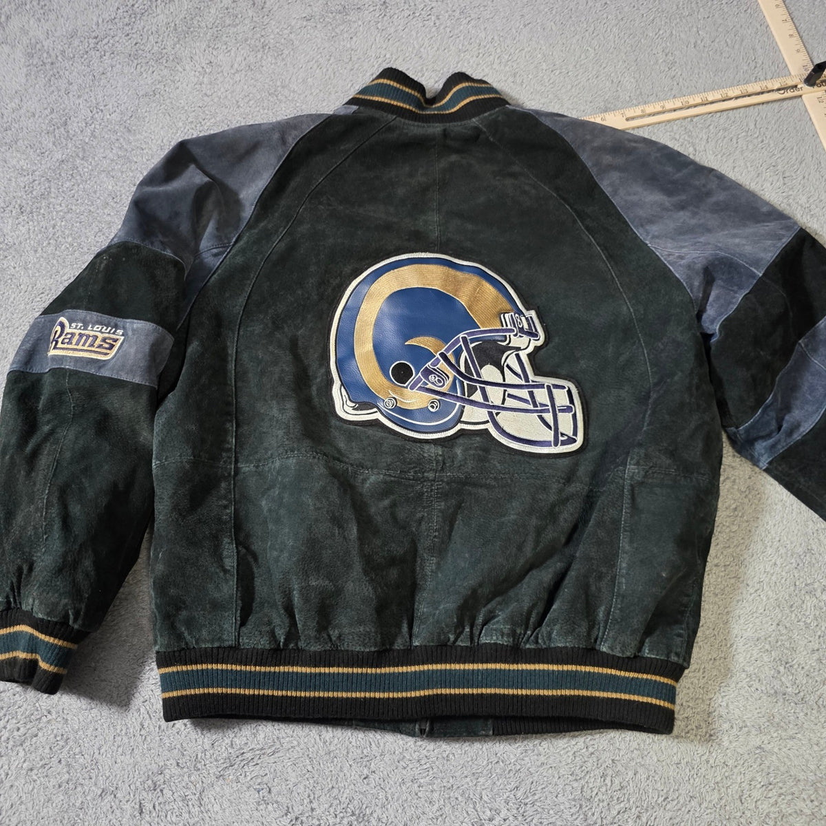 G-III NFL St. Louis Rams Suede Leather Varsity Jacket Green Blue Large