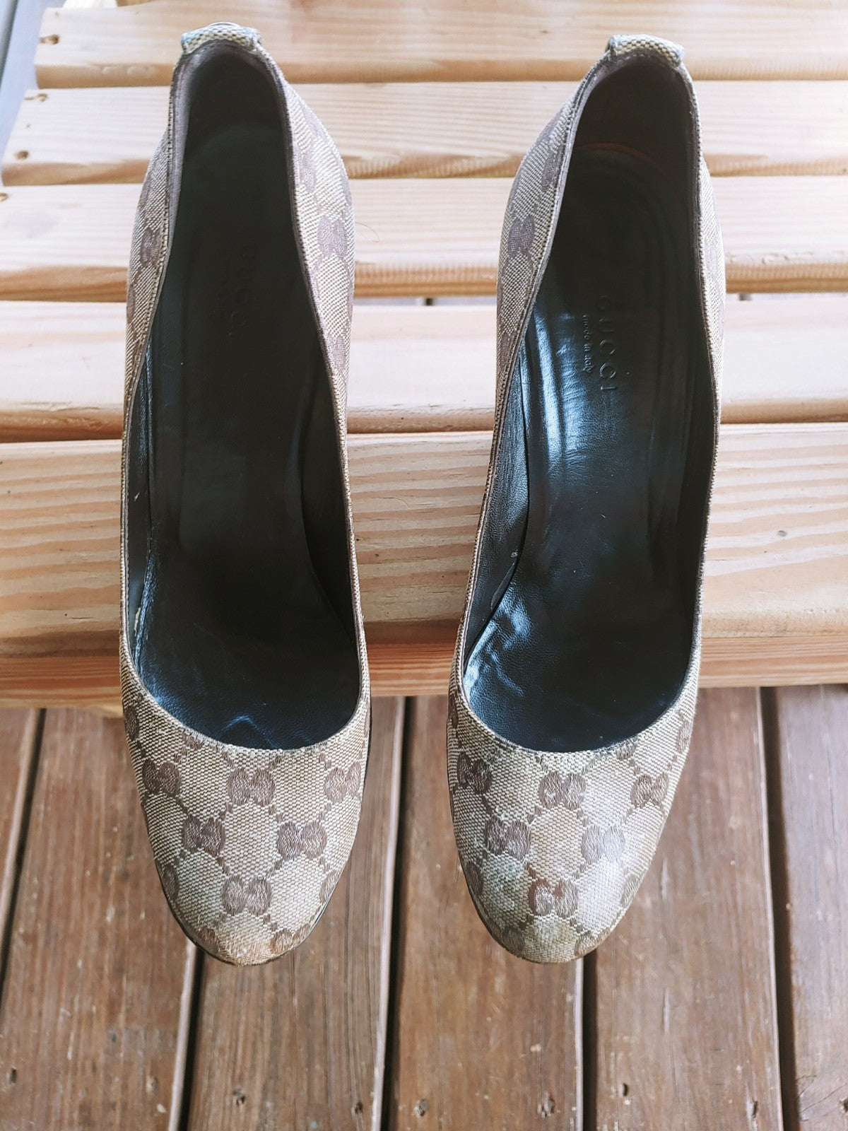 Gucci Beige and Brown GG Canvas Slip On Wedge Heels Size 10
