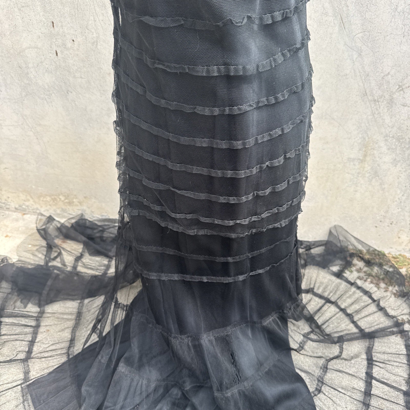 Vintage 1930s Black Mesh Net Gown Ruffles Low Back Bias Cut Art Deco Maxi Dress