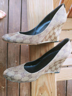 Gucci Beige and Brown GG Canvas Slip On Wedge Heels Size 10