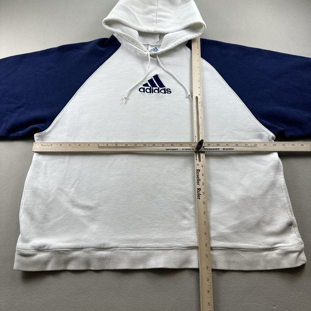 Vintage Adidas Hoodie Sweatshirt Mens XL White Blue Raglan Fleece 3 Stripes y2k
