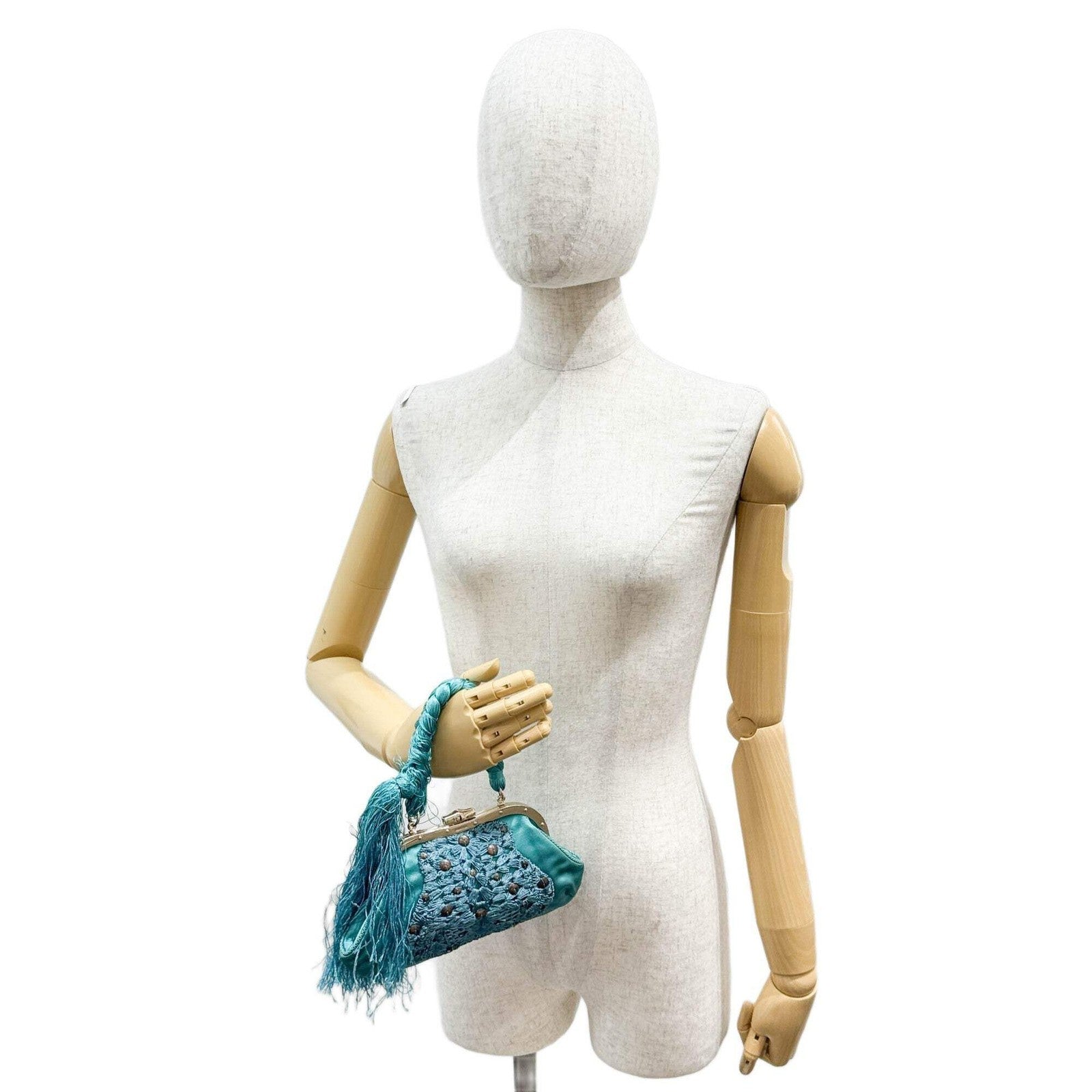 GUCCI Embroidered Teal Satin Hand Bag