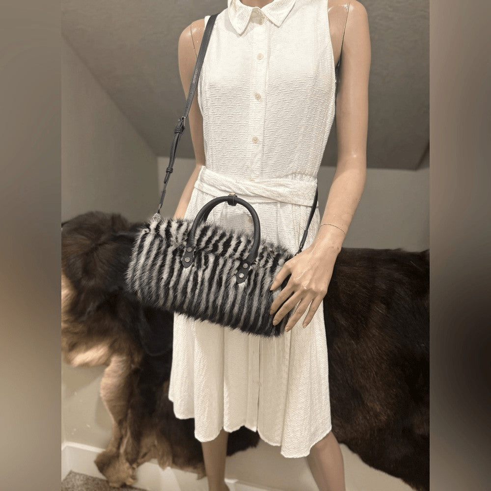 Genuine Mink Fur Pillow Bag with Top Handles and Crossbody Strap