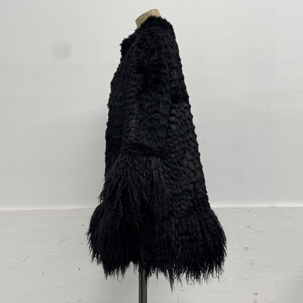 Vintage Black Rabbit Fur Coat with Mongolian Lamb Trim