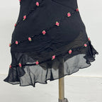 Deadstock Vintage Y2K Rosette Embellished 100% Mulberry Silk Slip Black