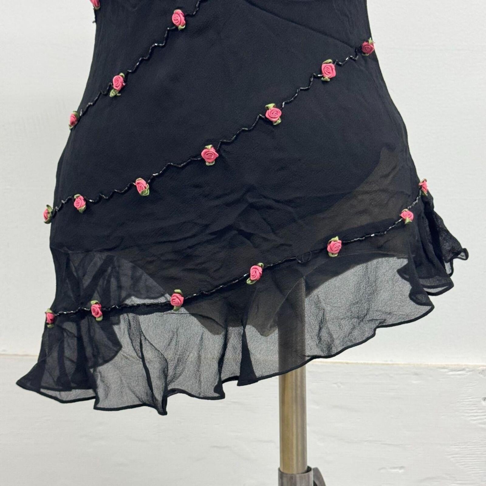 Deadstock Vintage Y2K Rosette Embellished 100% Mulberry Silk Slip Black