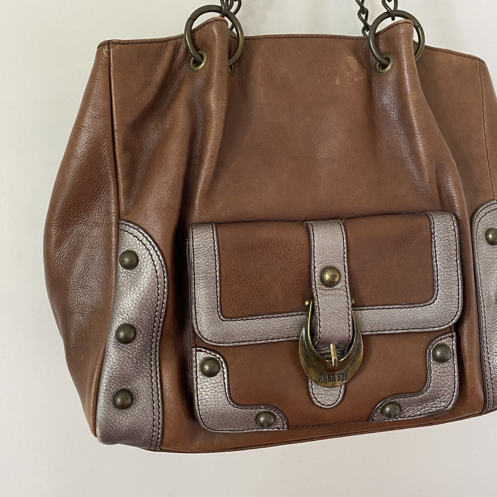 Anna Sui Brown Pewter Studded Leather Chain Tote Bag