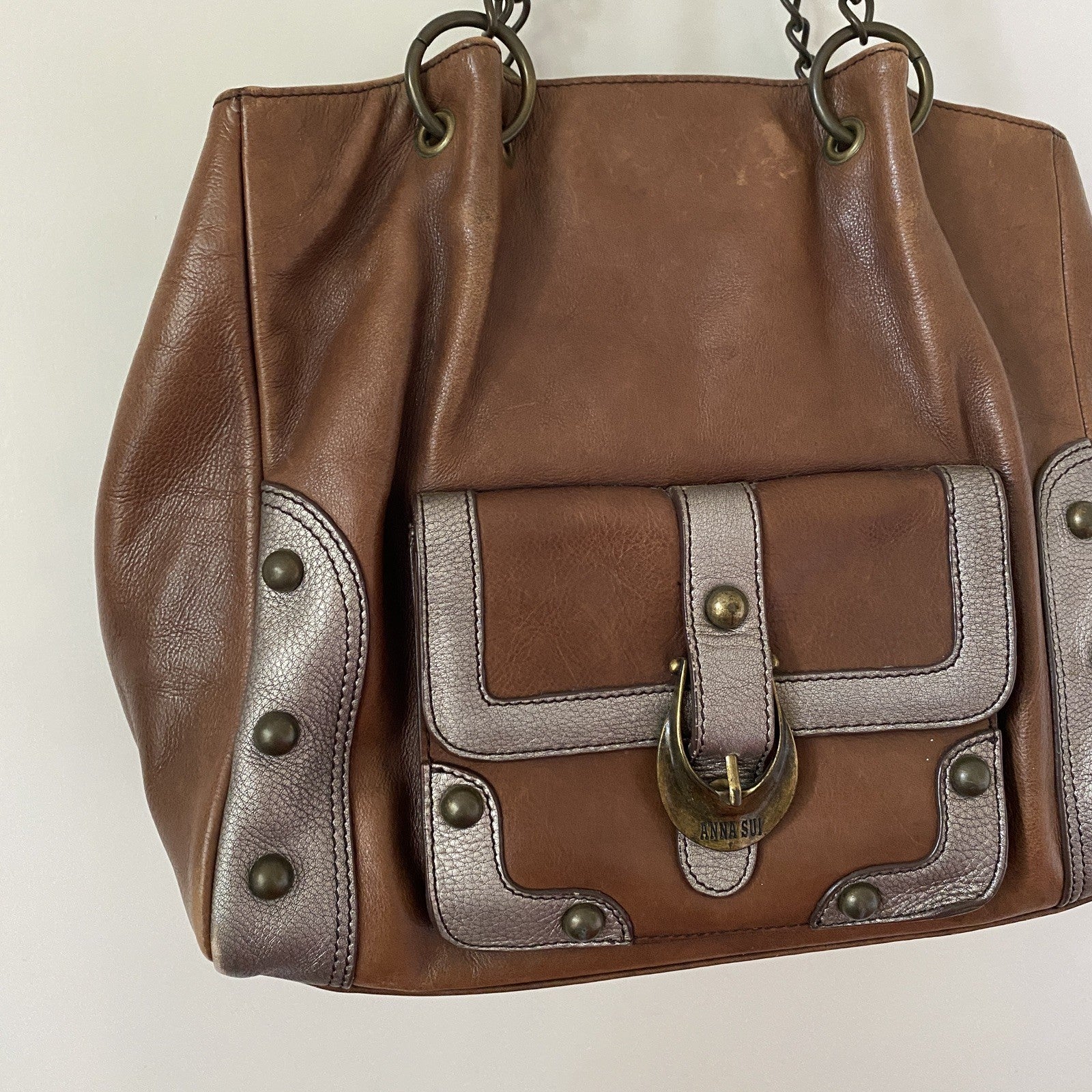 Anna Sui Brown Pewter Studded Leather Chain Tote Bag