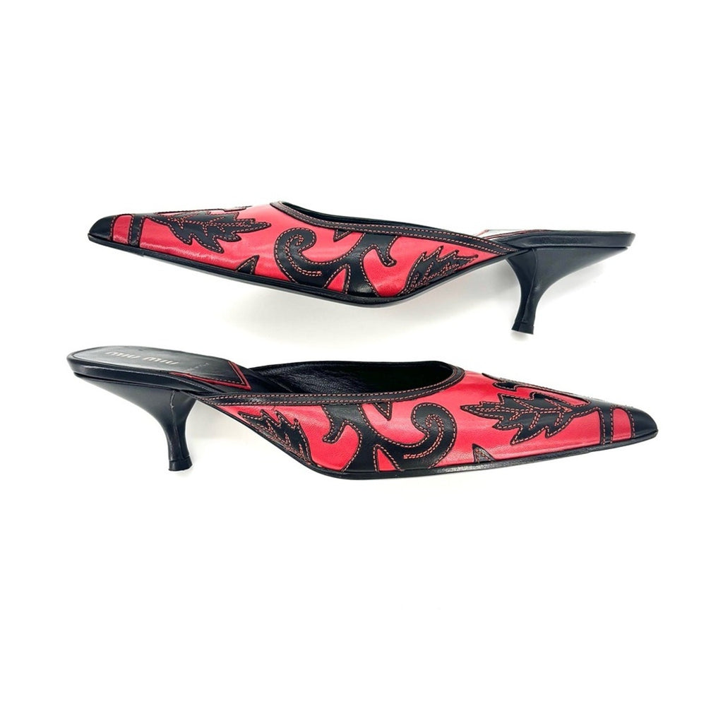 Vintage Miu Miu Embroidered Leaf Pointed Toe Slip On Kitten Heel Mules 39