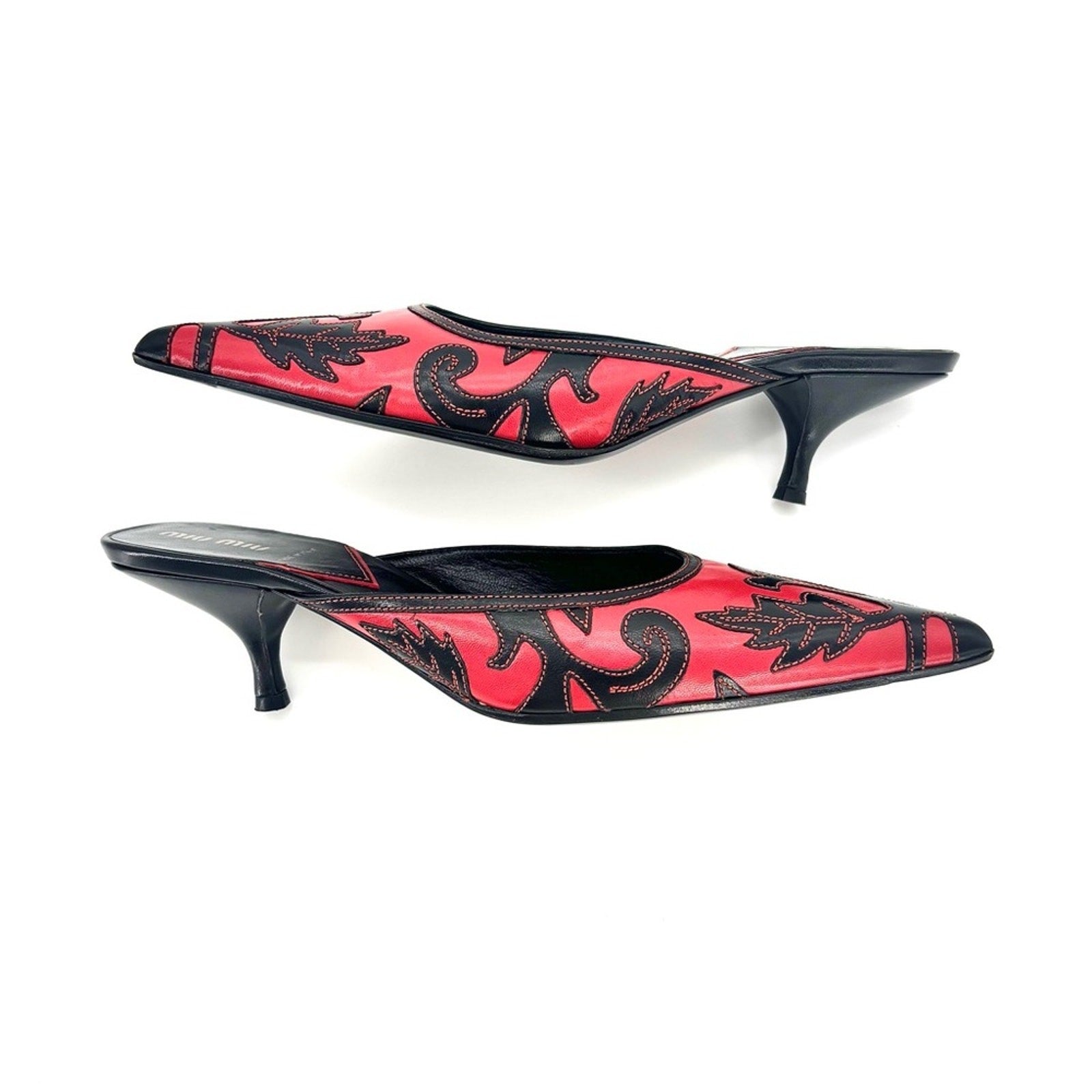 Vintage Miu Miu Embroidered Leaf Pointed Toe Slip On Kitten Heel Mules 39