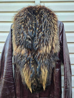 Vintage Long Leather Coat with Removable Fur Collar Brown Women's