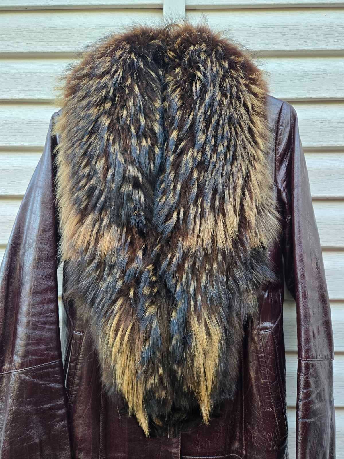 Vintage Long Leather Coat with Removable Fur Collar Brown Women's