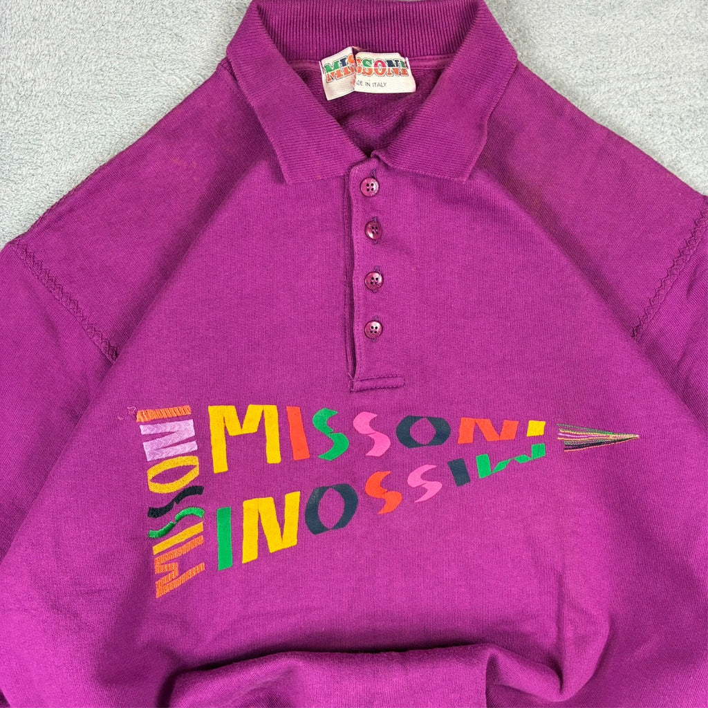 Missoni 1980s Purple Spellout Logo Button Up Jumper Size 42