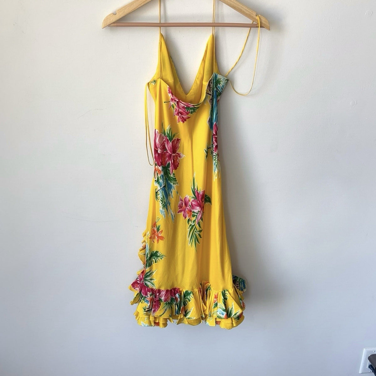 Ralph Lauren Vintage Silk Ruffle Yellow Floral Halter Mini Dress Size 4